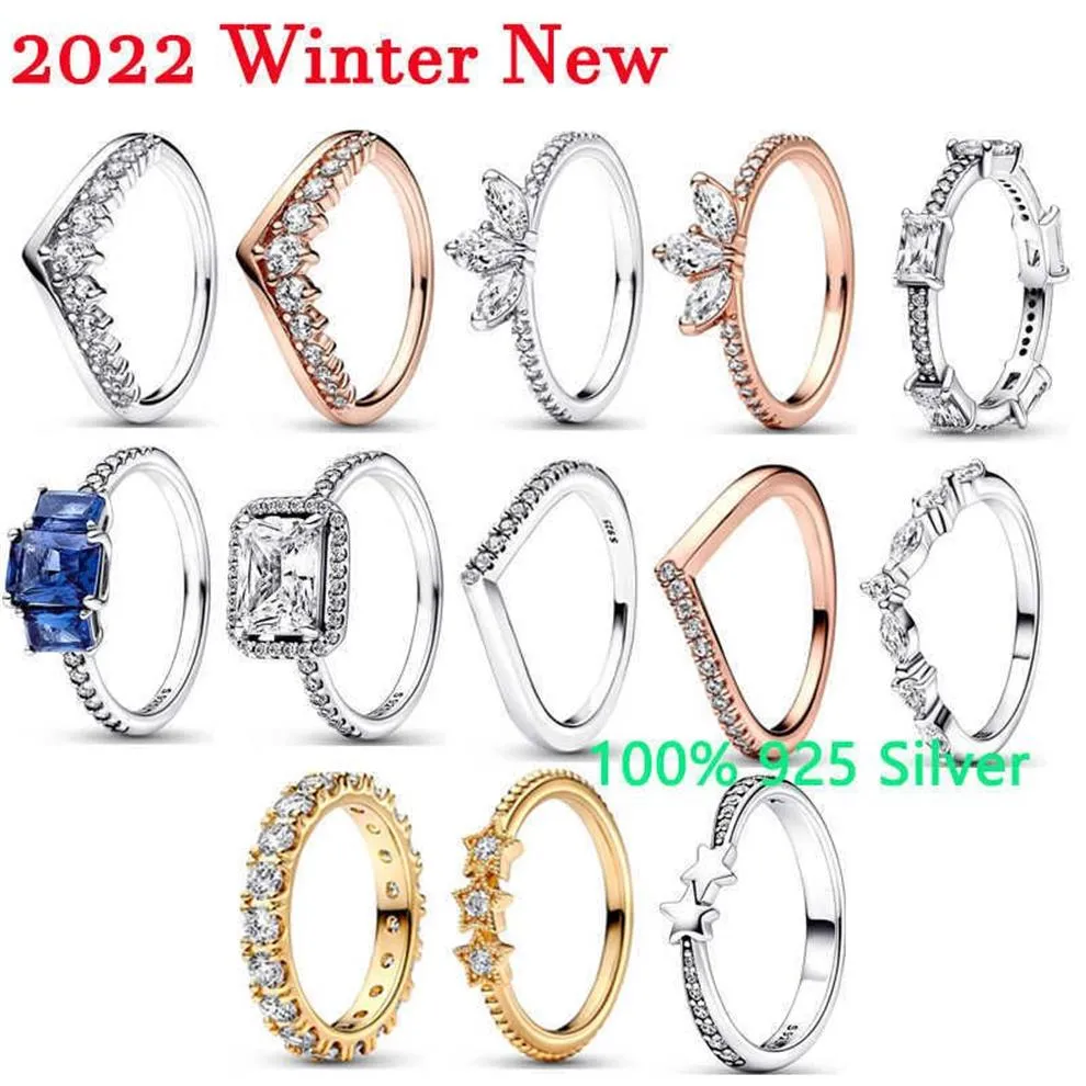 Anelli a fascia 2022 inverno nuovo argento 925 di alta qualità originale 1 1 rettangolo blu tre pietre glitter anelli gioielli da donna regalo Fashio223K