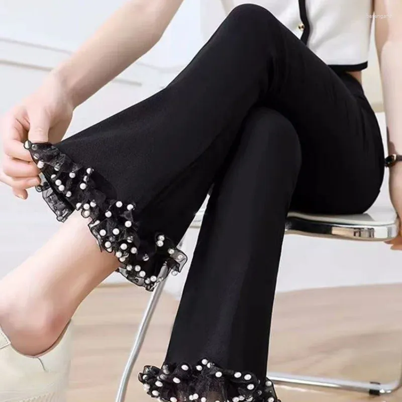 Frauen Hosen Büro Dame Koreanische Schwarz Flare Frühling Sommer Frauen Patchwork Spitze Polka Dot Elastische Hohe Taille Schlank Mode hosen