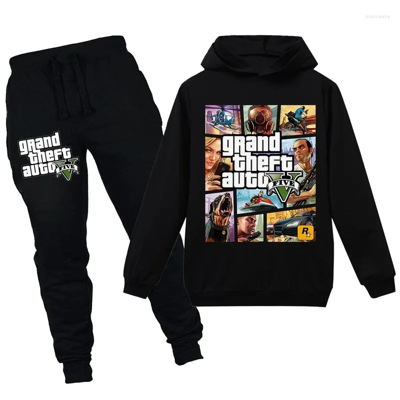 Set di abbigliamento Grand Theft Auto V GTA 5 Felpe con cappuccio per bambini Pantaloni 2 pezzi Pullover a maniche lunghe Ragazzi Felpa Ragazze adolescenti 12 14 anni