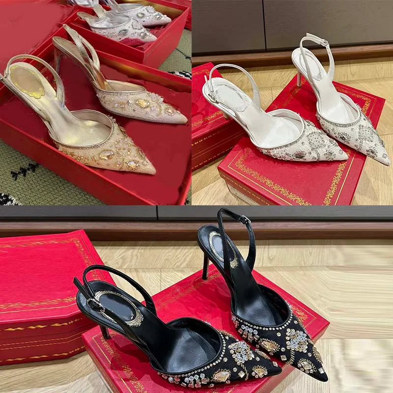 Scarpe da sposa sexy slingback di cristallo pompe donne designer sandals ricami in pizzo in pizzo di lusso rhinestone slips on punta di punta con tacco di alta qualità scarpe da sposa di alta qualità