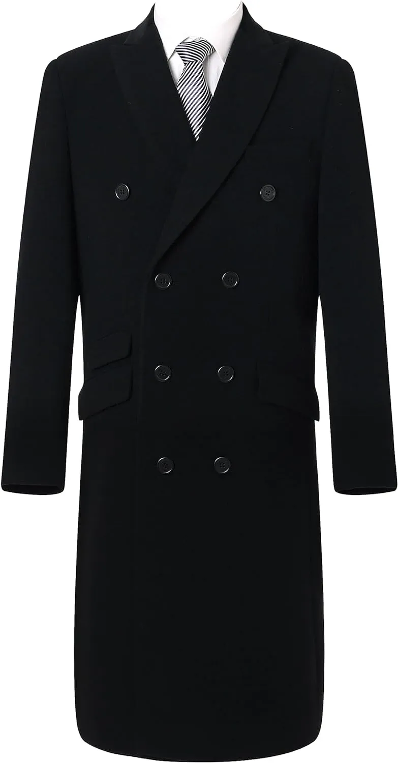 The Platinum Tailor Mens Double Breasted Black Cashmere & Wool Overcoat Winter Cromby With Velvet Collar & Silver Lining