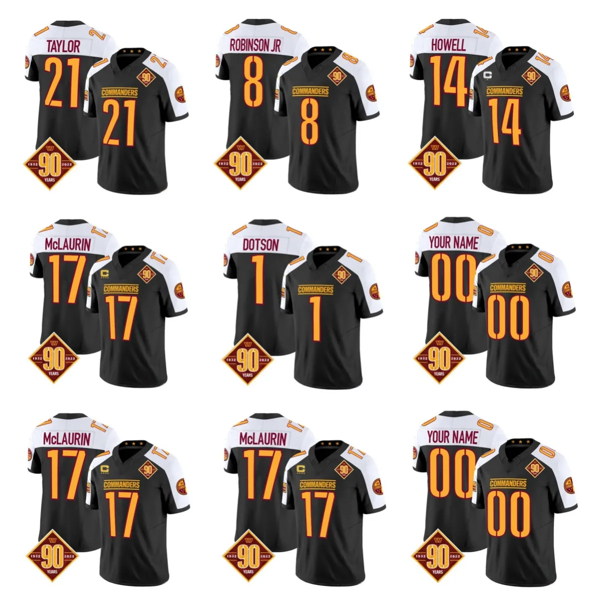 Washington''Commanders''Sean Taylor Jahan Dotson personnalisé noir/blanc 2023 F.U.S.E.Maillot cousu de football Vapor Limited du 90e anniversaire