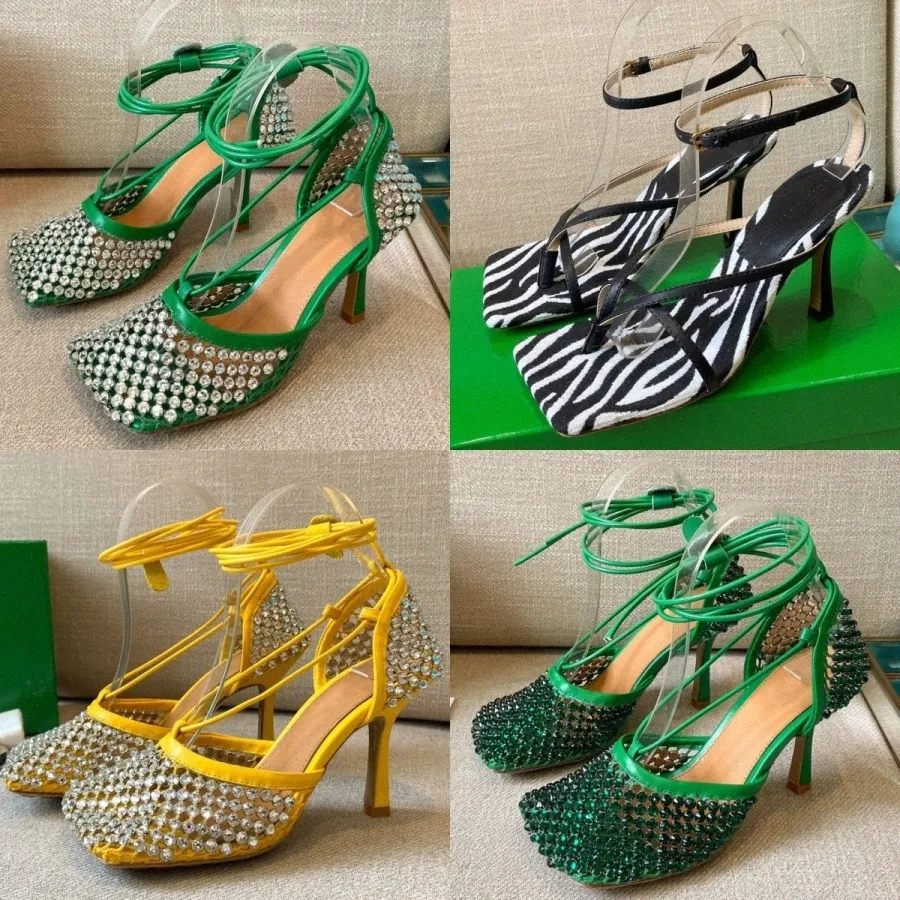 Women high heel SPARKLE STRETCH Sandals Kiwi parakeet String Slippers Leather Rhinestone Mesh Sandal slides Designer Ladies part wedding O0MS#