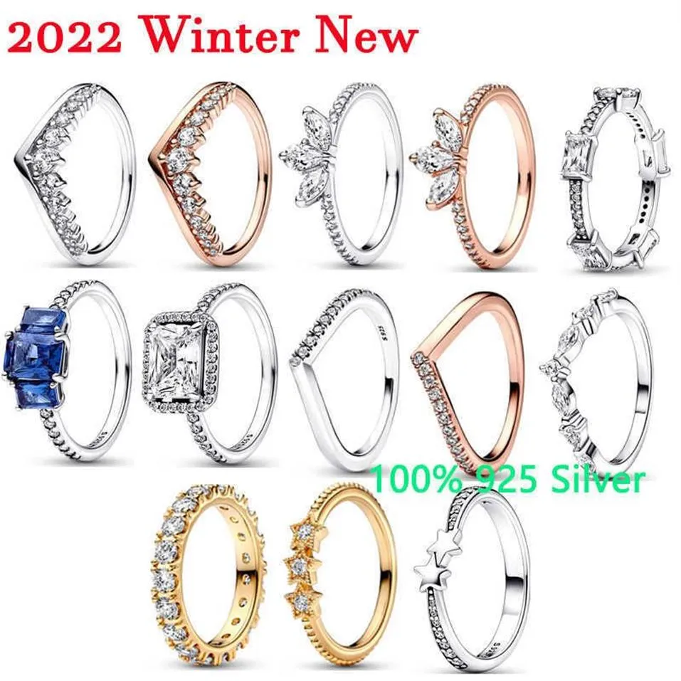 Pierścienie opaski 2022 Zima Nowa 925 Srebrna Wysokiej jakości oryginał 1 1 niebieski prostokąt trzy kamienne brokat pierścienie Kobiet biżuterii prezent Fashio312J