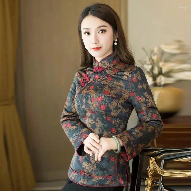 Etnische kleding 2024 Winter Tang Pak dames katoenen gewatteerde jas Cheongsam blouse gewatteerde bloem gedrukt dikke Chinese Qipao top W86