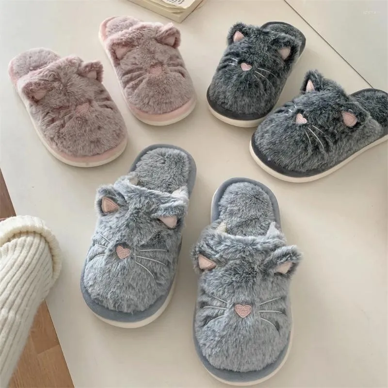 Pantoufles ASIFN femmes coton hiver maison anti-dérapant chaud et confortable semelles souples mignon dessin animé chaton chaussures en peluche étudiant