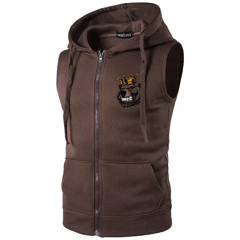 Débardeur pour hommes manteau imprimé ours brun roi sans manches à capuche mode tenue décontracté 240127