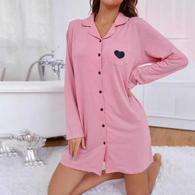 Women's Sleepwear Nightgowns Women Winter Long Sleeve Turn Down Collar Mid Dress Casual Homewear Buttoned Shirt Female Loungewear