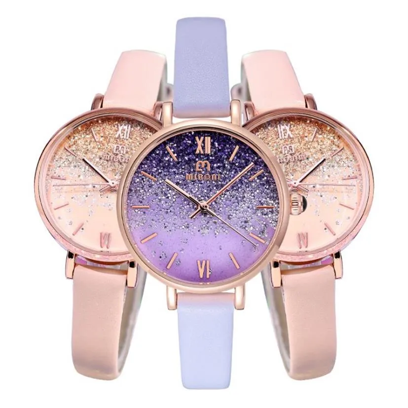 Moda elegancka 2021 gwiaździsty niebo miboni kwarc zegarek żeńska ametyst Purple Studenci zegarki zegarki Mineral Wzmocnione szkło Piękne WOM2432