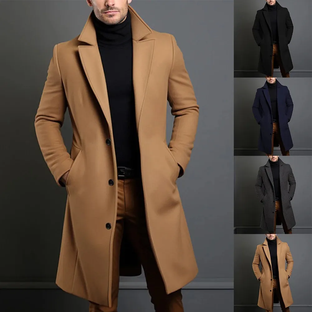 Atutumn Winter Winter Warm Wool Trench Coat for Men Solid Solid Single Single Wool Wool Blendsovercoat Tops Coats Clothing 240118