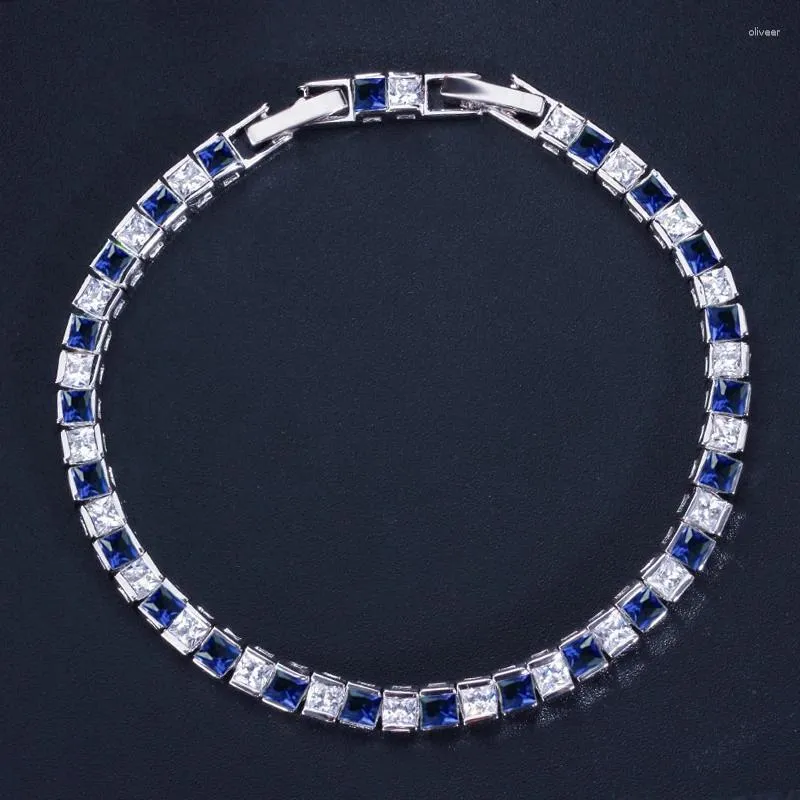 Link bransoletki trzygałowe moda 3 mm kwadratowy kształt sześcien cyrkonu srebrny kolor ślub ślub niebieski cZ bransoletka tenisowa dla kobiet biżuteria