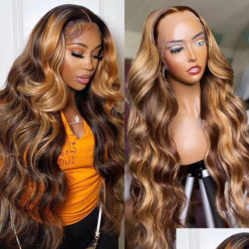 Perruques synthétiques Ombre Blonde Body Wave Lace Front Wig 180Nsity Hd Highlight Cheveux Humains Brésiliens Sans Colle 360 Fl Frontal Pour Drop Deliv Otm7J