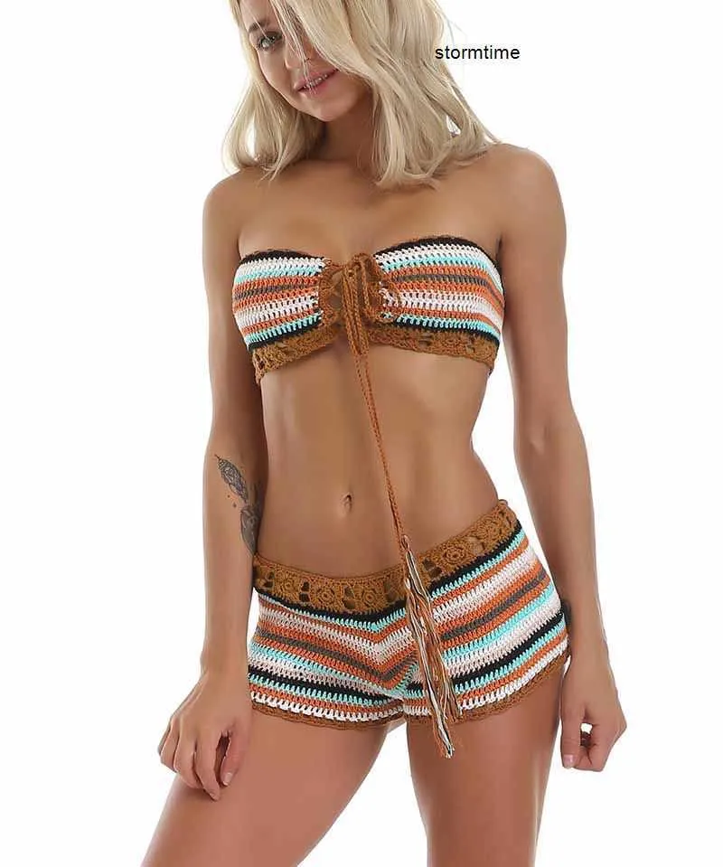 Rainbow Striped Crochet Set Women Summer Swimwear Handmade Sexy Beachwear Hot BOHO Hollow Out Bathing Suits Bandage New