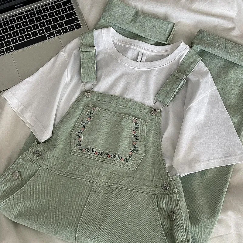 Damesjeans groene jumpsuit voor dames Chique bloemenborduurwerk Effen wijde pijpen Jarretelriem Dames Casual Veelzijdige denim overall