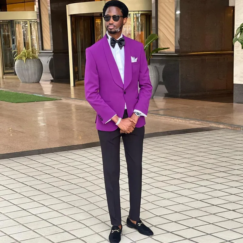 Purple One Button Wedding Tuxedos Slim Fit Męs