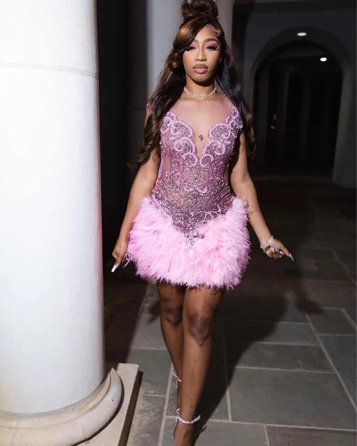 Pink Sparkly Short Prom Dress for Women with Crystal Embroidery and Feather  Applique Lace Satin Evening Gown from Dhgate Evening Dresses - price 196.69
