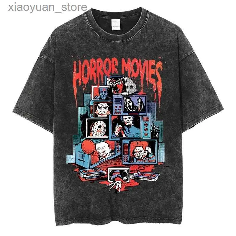 T-shirt das mulheres Moda Nova Retro Lavado Camiseta Mens Filme de Terror Harajuku Algodão Anime Camisetas Manga Curta Preto Oversized Y2K Punk Tees 240130