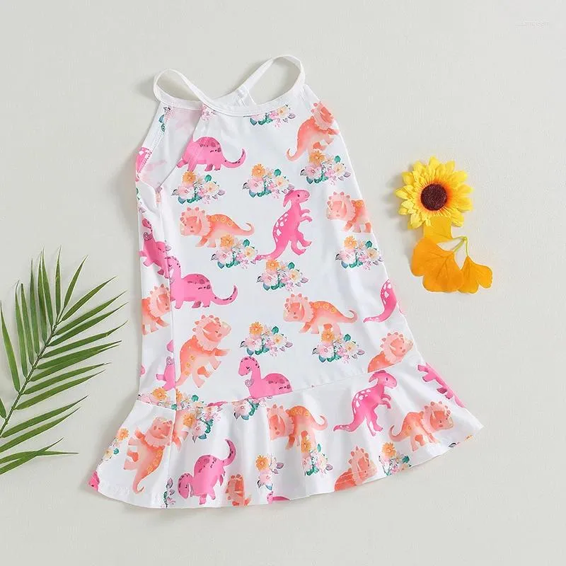 Abiti da ragazza Suefunskry Vestito da spiaggia casual estivo per bambina con stampa fenicottero/dinosauro Senza maniche, cinturino per spaghetti 2-7 anni