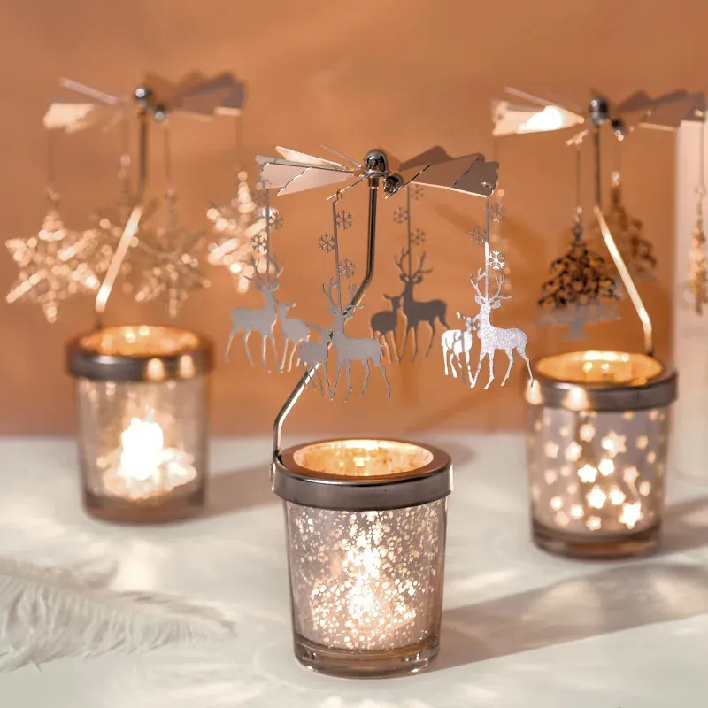Bougeoir en argent décoration de la maison cadeau de saint valentin chandelier rotatif décor de fête carrousel romantique support de lumière de thé 240125