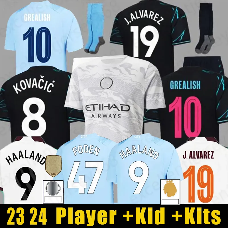 23 24 Haaland Soccer Jerseys Grealish Sterling Mans Cities Mahrez Fans Player Version de Bruyne Foden Football Shirt Kids Kit Set Uniform