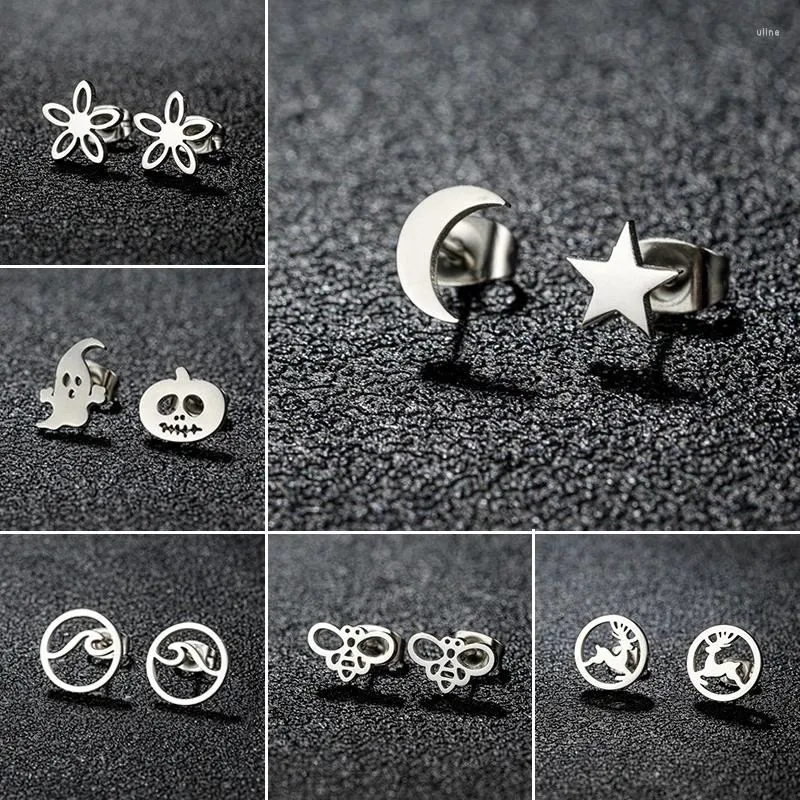 Stud Earrings Silver Color Star Moon Earings Fashion Jewelry Small Bee Deer Wave Daisy Studs For Women Easter Gift Wholesale