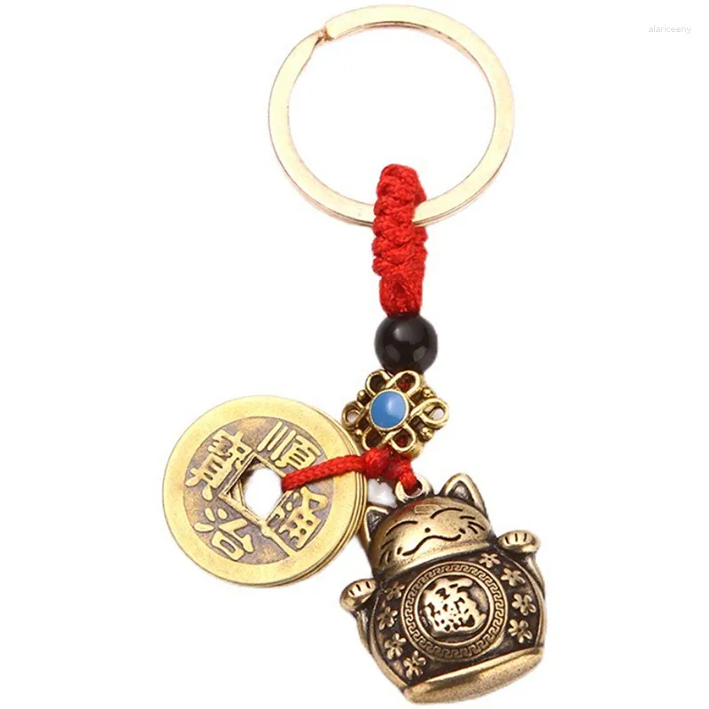 Keychains Handmade Pure Brass Lucky Cat Car Keychain Five Emperors Money Feng Shui Coins Solid Key Rings