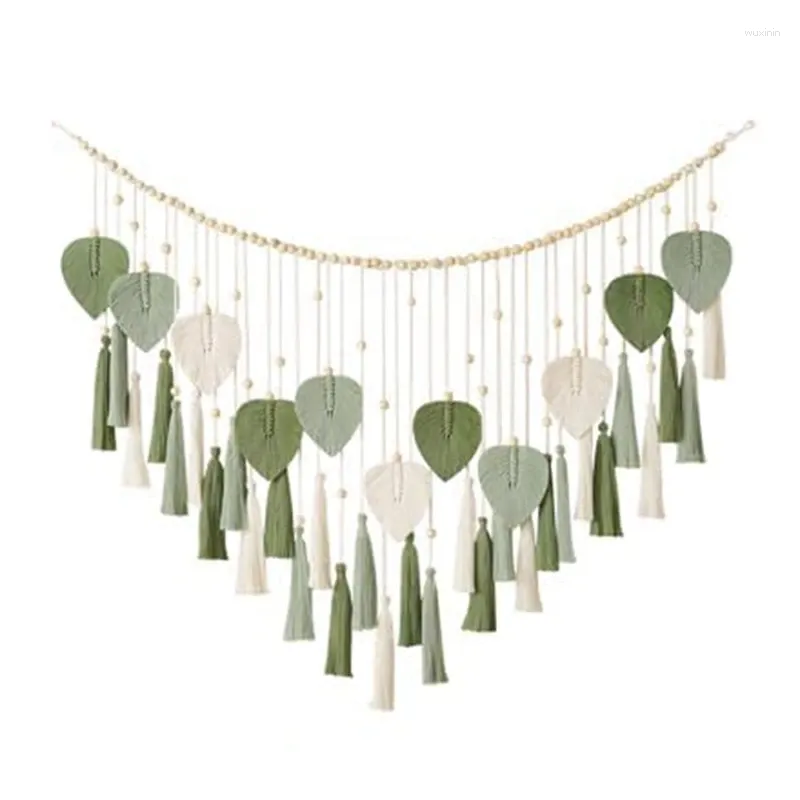 Tapisseries 1 pièce Macramé Tenture murale Feuilles - Grande plume chic Boho Décor Corde de coton vert pour le bureau à domicile