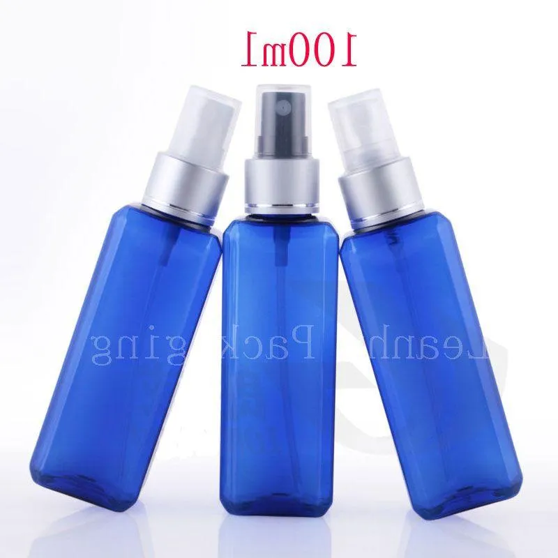 En gros 100 ml X 50 bouteilles de parfum de pulvérisation de brume de luxe bleues carrées pour l'emballage de cosmétiques, pulvérisateur de récipient en plastique 100cc Hifqt