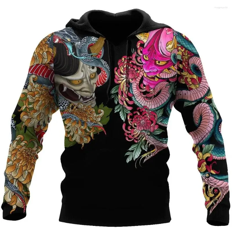 Men's Trench Coats Domineering Japanese Samurai Tattoo 3D Printed Hoodie Casual Oversized Street Clothing Harajuku Sports Pullover Y2k