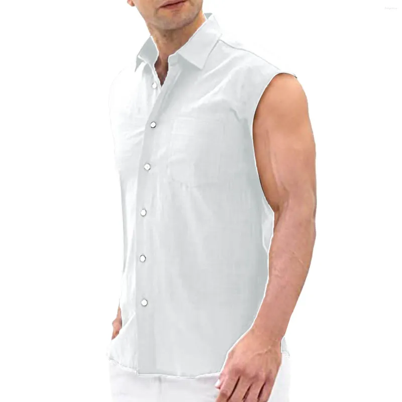 Débardeurs pour hommes Hommes Coton Lin Gilet Élégant Col Turndown Simple Boutonnage Chemises Sans Manches Sports De Plein Air Vêtements De Loisirs