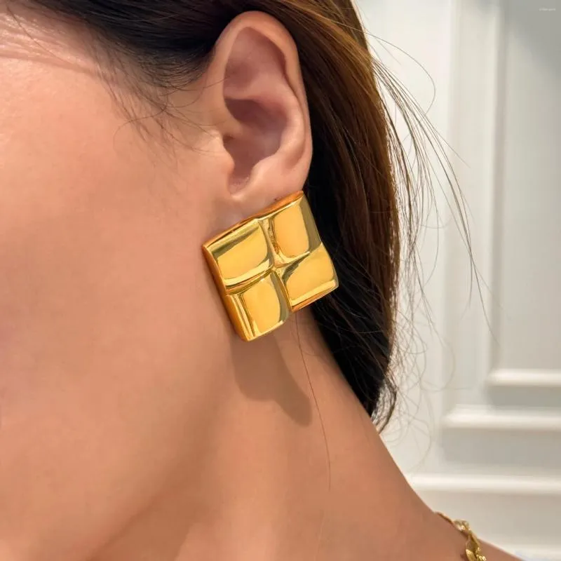 Pendientes de aro con forma de rejilla cuadrada geométrica para mujer, accesorios de joyería de fiesta de acero inoxidable chapado en oro de 18k