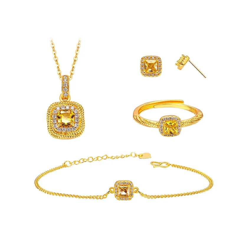 Sets 18k Gold Color Romantic Bridal Yellow Zircon Jewelry Sets for Women Engagement Wedding Fine Rings Earring Pendant Set Gifts