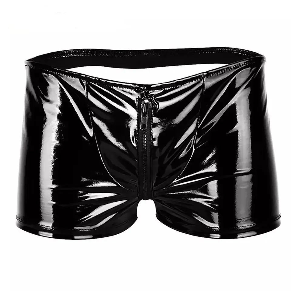 S-5XL Plus Size Sexy Mens Boxers PVC Faux Leather Zip Pouch Boxer Shorts Men Fetish Underwear Open Butt Club Panties Gay Trunks 240125