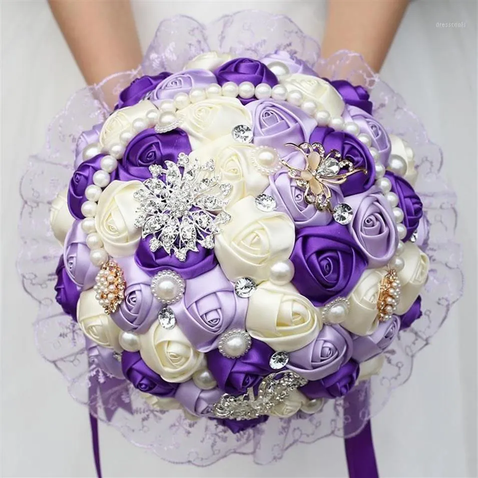 Large Purple Bridal Wedding Bouquet Pearl Bridesmaid Artificial Flowers Buque De Noiva Diamond Bouquets Marriage Gift W2801312V