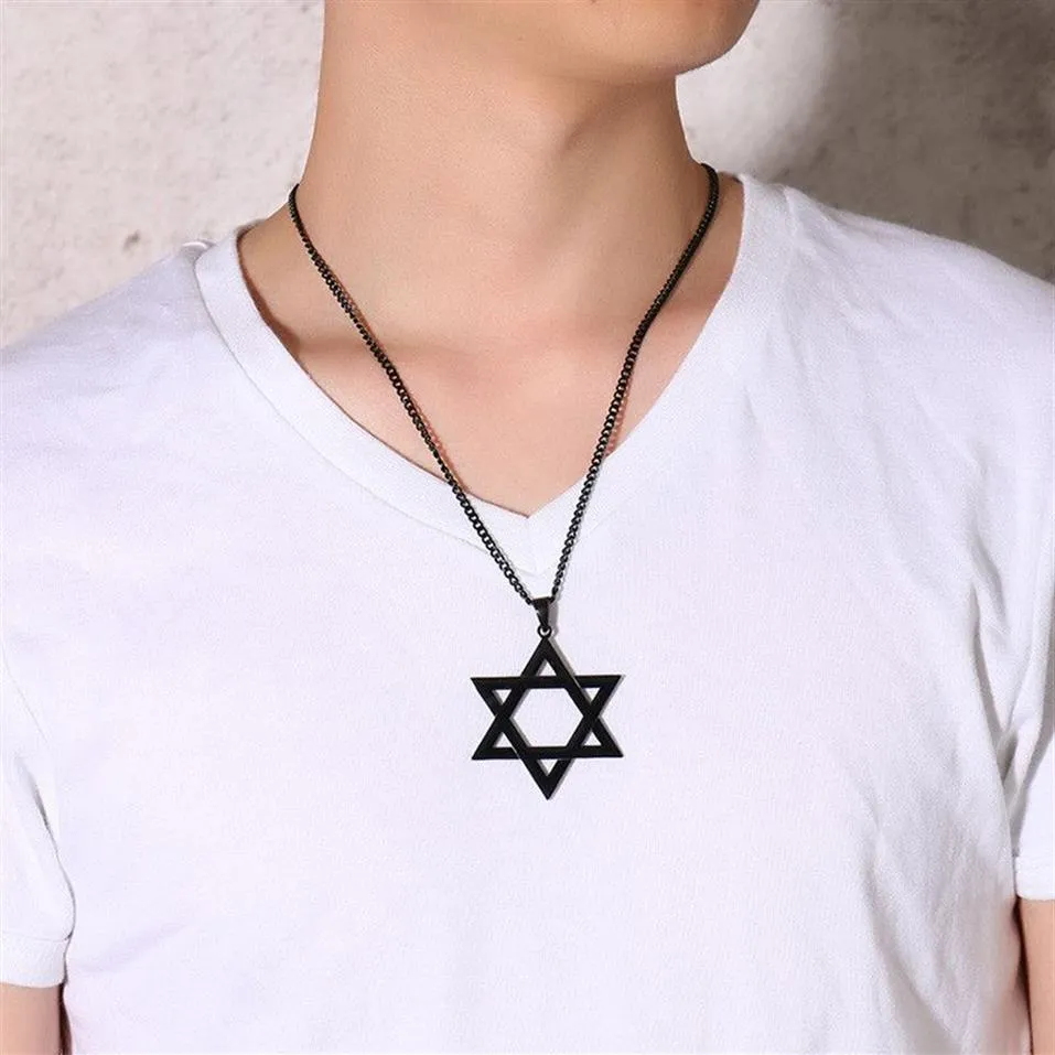 Naszyjniki wiszące 2021 Mężczyzn Classic Star of David Naszyjnik w czarnym złotym srebrnym kolorze stali nierdzewnej Izrael Jewish Jewelry312v