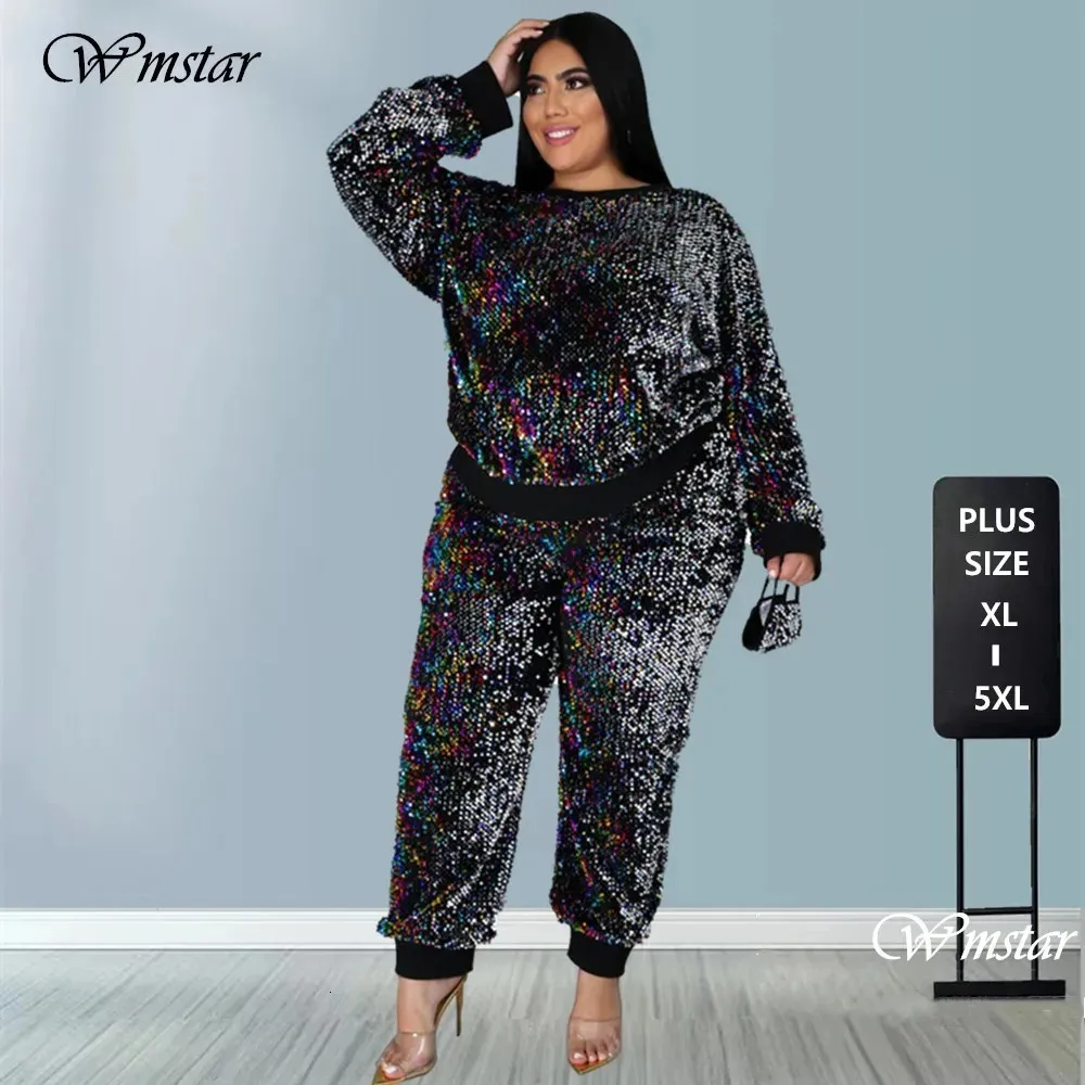 Winter Plus Größe S-5XL Kleidung Für Frauen Zwei Stück Set Pailletten Geburtstag Outfit Jogger Trainingsanzug Großhandel Drop 240124