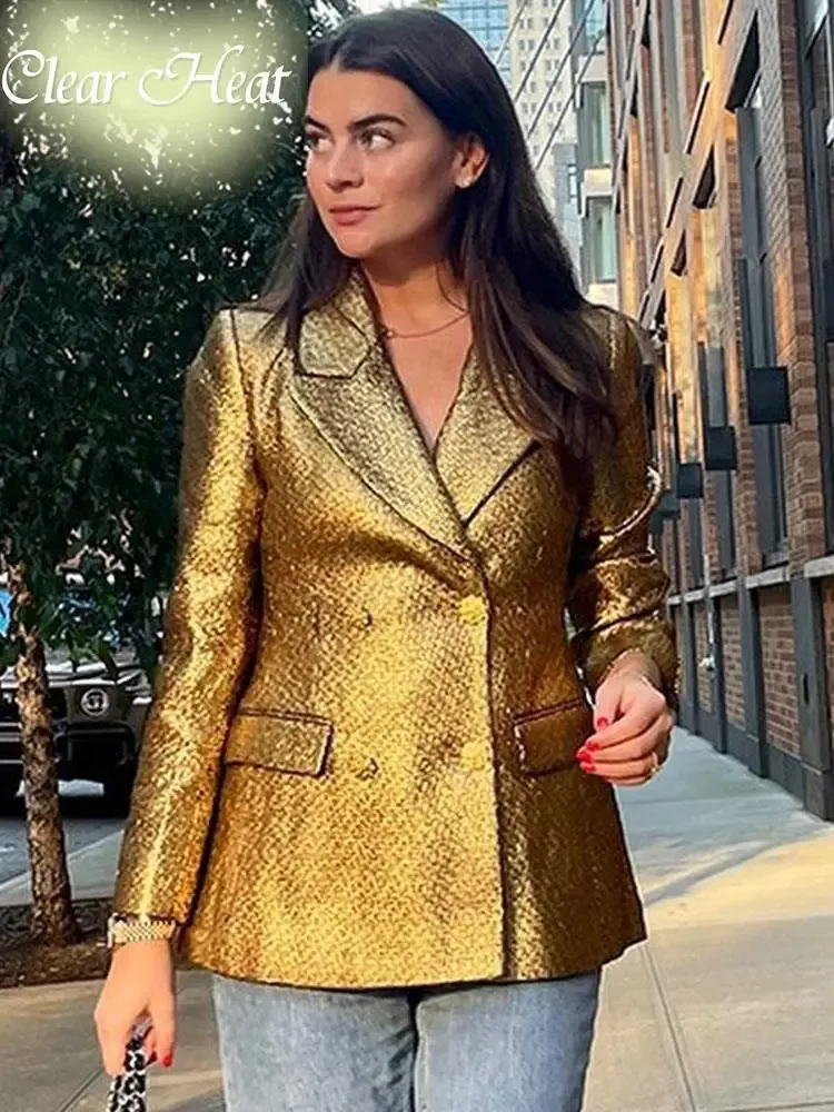 Fashion Metallic Gold Suit Jacket Women Vintage Single Breasted Long Sleeve Casual Blazer Coat Office Lady Street Outerwear 240118