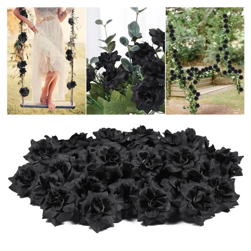 Fleurs décoratives 50pcs Rose noire tête de fleur de soie artificielle pour la décoration de voiture de mariage cadeau de saint valentin bricolage ours faux Flores
