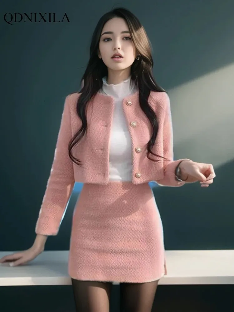 한국 패션에서 여성 복장을위한 두 피스 스커트 세트 캐주얼 달콤한 세련된 우아한 트위드 여자 어울리는 드레스 세트 240124