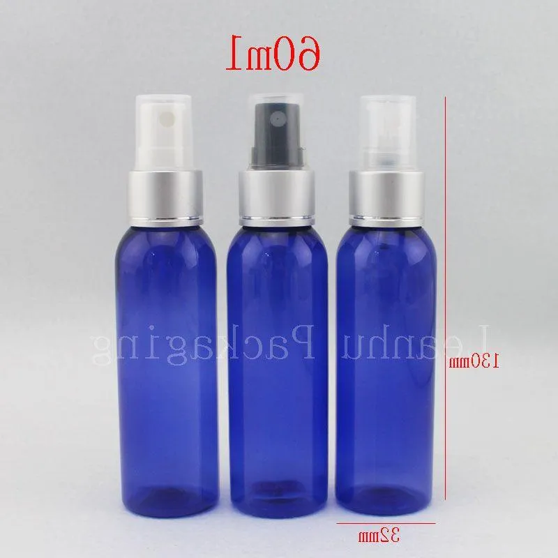 60ml x 50青色の詰め替え可能なペットボトル、2オンスミストスプレーボトル、60cc香水スプレー、カバープラスチック容器付きスプレーポンプDemrj