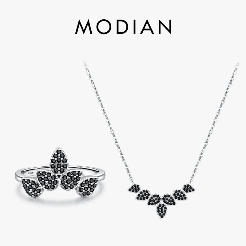 Rings Modian 925 Sterling Silver Geometric Drop Black Zirconia Necklace Pendant Trendy Punk Ring For Women Jewelry Sets Party Gifts