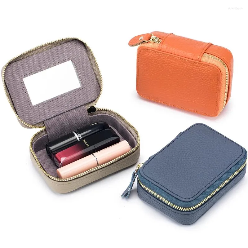 Kosmetiska väskor liten makeup väska utomhus påse äkta läder läppstift läppfodral blixtlås arrangör handväska med spegel för kvinnor