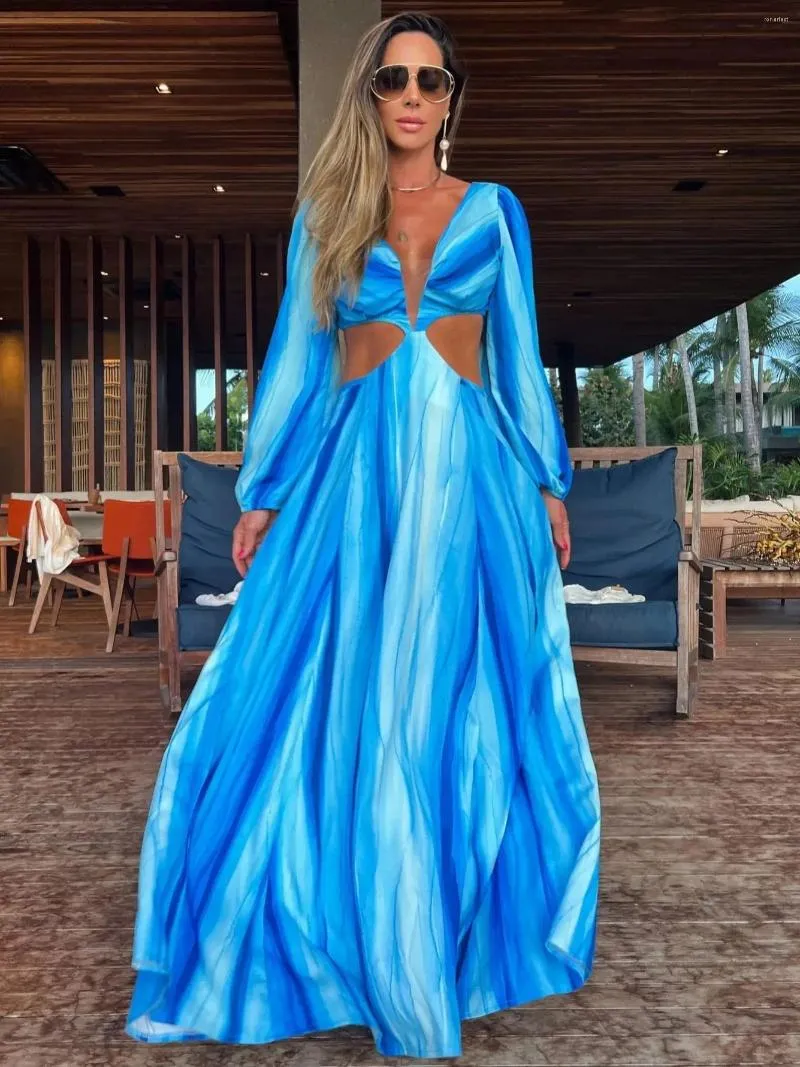 Casual Dresses 2024 Boho Print Deep V Women Dress Naked Midjel Lång ärm A-Line Summer Chic Beach Style Maxi