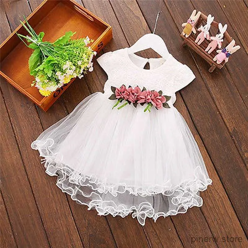 Flickans klänningar 2020 Summer Toddler Kids Baby Girls Dress Floral ärmlös klänning Vanlig färg Princess Lace Tutu Dress Flower Girls Party Dress