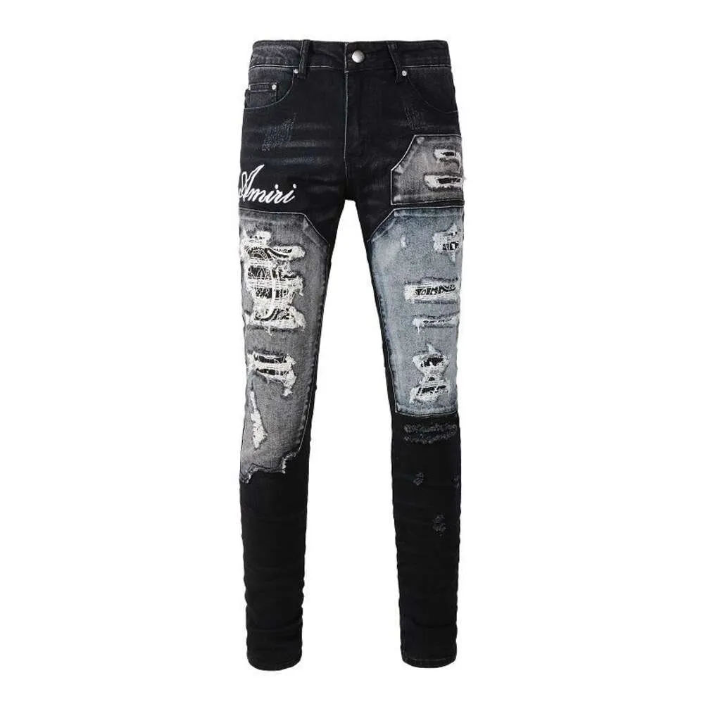 Nieuwe paarse jeans jnco jeans 1322 Europese en Amerikaanse High Street Trendy Merk Hole Patch Patch Zwart ksubi Jeans Retro Heren Elastic Slim Fit y2k jeans true jeans