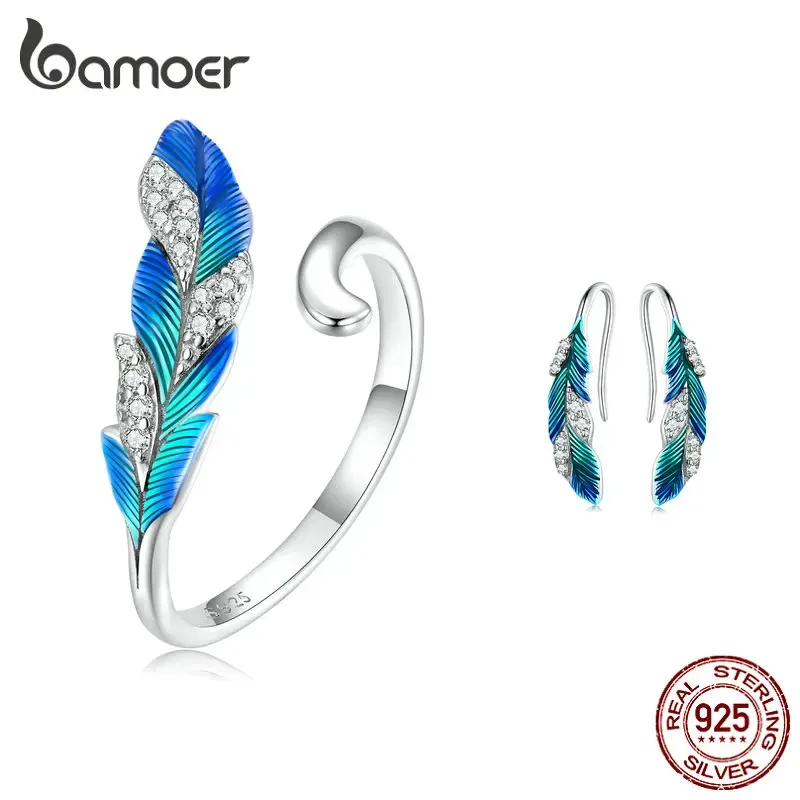 Collana BAMOER smalto blu piuma anello aperto orecchini pendenti argento sterling 925 per donne ragazza regalo gioielli regalo di nozze bohémien