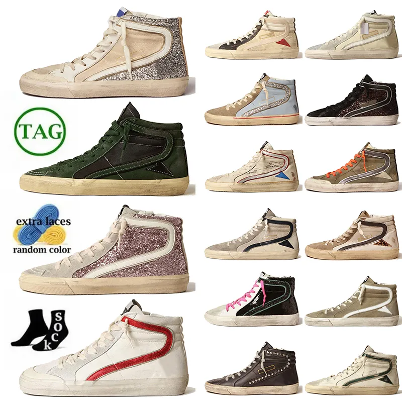 Glitter fabriqués à la main Mid Ball Star Baskets supérieures Argent Or Vintage Femmes Hommes Italie Marque Slide Calfskin Flash Designer Chaussures De Luxe Baskets Plates Sports