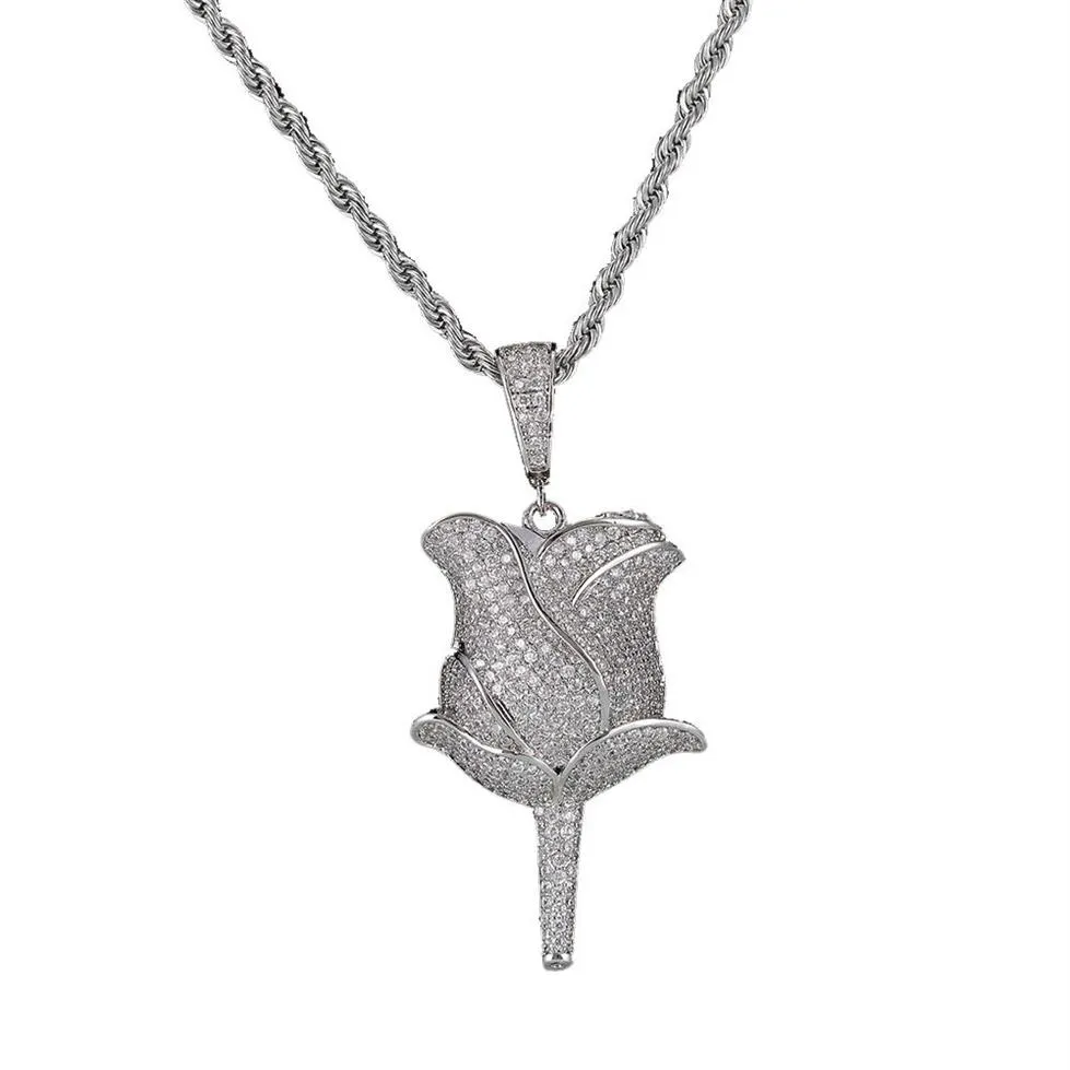 Collier avec pendentif en pétales de fleurs de Rose pour hommes, chaîne en corde, Zircon cubique glacé, scintillant, bijoux Hip Hop, 255F, nouvelle collection