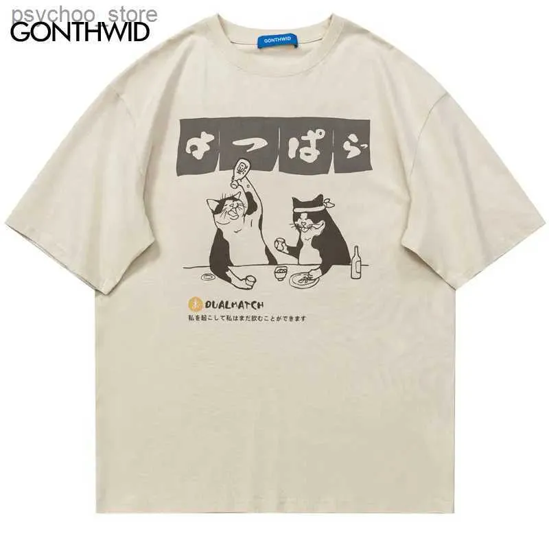 T-shirty męskie harajuku men tshirt japoński kota graficzna koszulka 2023 Summer moda hip hop swobodny bawełniany koszulki tee Tops para Q240130
