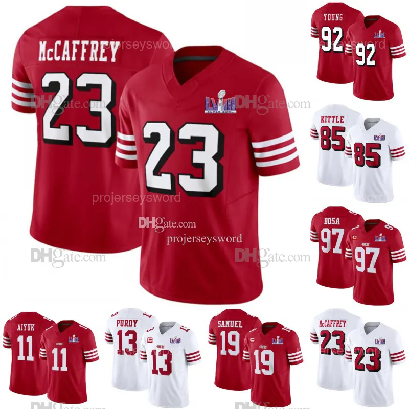 2024 Neu 23 Christian McCaffrey 19 Deebo Samuel 13 Brock Purdy Fußballtrikot 97 Nick Bosa 85 George Kittle 54 Fred Warner 11 Brandon Aiyuk 92 Chase Young 49ERS Trikot